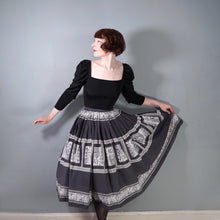 Load image into Gallery viewer, 50s BLACK, GREY AND WHITE EGYPTIAN NOVELTY PRINT SKIRT - 25"