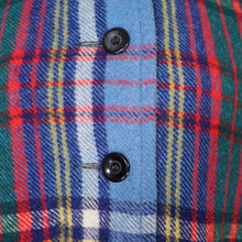Load image into Gallery viewer, 70s BLUE PLAID FRINGE WOOL CAPE / BLANKET COAT WITH FITTED CUFFS - S-M