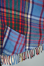 Load image into Gallery viewer, 70s BLUE PLAID FRINGE WOOL CAPE / BLANKET COAT WITH FITTED CUFFS - S-M