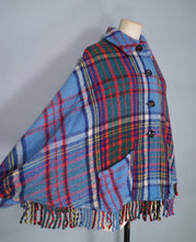 Load image into Gallery viewer, 70s BLUE PLAID FRINGE WOOL CAPE / BLANKET COAT WITH FITTED CUFFS - S-M