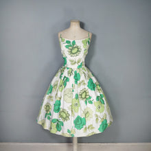 Load image into Gallery viewer, 50s 60s BUNNY CASUALS BIG GREEN FLOWER PRINT STRAPPY SUN DRESS - S
