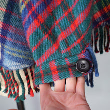 Load image into Gallery viewer, 70s BLUE PLAID FRINGE WOOL CAPE / BLANKET COAT WITH FITTED CUFFS - S-M