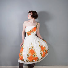 Load image into Gallery viewer, 50s 60s WHITE AND VIVID ORANGE FLORAL ONE SHOULDER FIT AND FLARE DRESS - XS-S