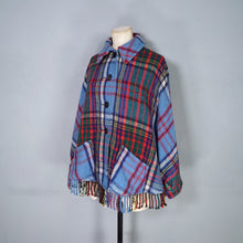 Load image into Gallery viewer, 70s BLUE PLAID FRINGE WOOL CAPE / BLANKET COAT WITH FITTED CUFFS - S-M