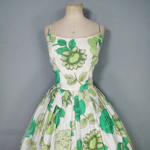Load image into Gallery viewer, 50s 60s BUNNY CASUALS BIG GREEN FLOWER PRINT STRAPPY SUN DRESS - S