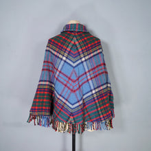 Load image into Gallery viewer, 70s BLUE PLAID FRINGE WOOL CAPE / BLANKET COAT WITH FITTED CUFFS - S-M