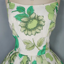 Load image into Gallery viewer, 50s 60s BUNNY CASUALS BIG GREEN FLOWER PRINT STRAPPY SUN DRESS - S