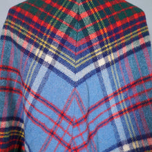 Load image into Gallery viewer, 70s BLUE PLAID FRINGE WOOL CAPE / BLANKET COAT WITH FITTED CUFFS - S-M