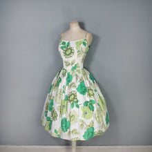 Load image into Gallery viewer, 50s 60s BUNNY CASUALS BIG GREEN FLOWER PRINT STRAPPY SUN DRESS - S