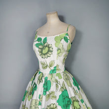 Load image into Gallery viewer, 50s 60s BUNNY CASUALS BIG GREEN FLOWER PRINT STRAPPY SUN DRESS - S