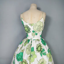 Load image into Gallery viewer, 50s 60s BUNNY CASUALS BIG GREEN FLOWER PRINT STRAPPY SUN DRESS - S