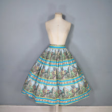 Load image into Gallery viewer, 50s BLUE NOVELTY FULL COTTON SKIRT WITH LANDSCAPE / GARDEN PRINT - 27"