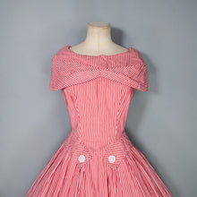 Load image into Gallery viewer, 50s SUZY PERETTE RED AND WHITE CANDY STRIPE FULL SKIRTED DRESS - XS