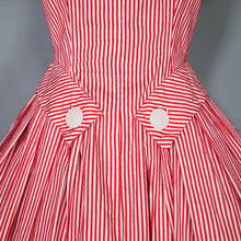 Load image into Gallery viewer, 50s SUZY PERETTE RED AND WHITE CANDY STRIPE FULL SKIRTED DRESS - XS