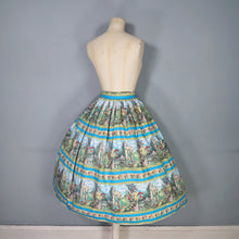 Load image into Gallery viewer, 50s BLUE NOVELTY FULL COTTON SKIRT WITH LANDSCAPE / GARDEN PRINT - 27"