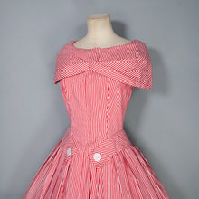 Load image into Gallery viewer, 50s SUZY PERETTE RED AND WHITE CANDY STRIPE FULL SKIRTED DRESS - XS