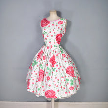 Load image into Gallery viewer, 50s 60s WHITE AND PINK ROSE FLORAL PRINT FULL SKIRT COTTON DAY DRESS - S