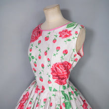 Load image into Gallery viewer, 50s 60s WHITE AND PINK ROSE FLORAL PRINT FULL SKIRT COTTON DAY DRESS - S