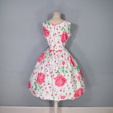Load image into Gallery viewer, 50s 60s WHITE AND PINK ROSE FLORAL PRINT FULL SKIRT COTTON DAY DRESS - S
