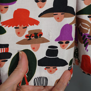 50s 60s LADY FACES AND HATS NOVELTY COTTON DRESS - S