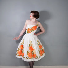 Load image into Gallery viewer, 50s 60s WHITE AND VIVID ORANGE FLORAL ONE SHOULDER FIT AND FLARE DRESS - XS-S