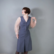 Load image into Gallery viewer, 70s DUSKY BLUE PINSTRIPE FITTED 3 PIECE SKIRT SUIT - S