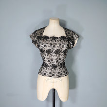 Load image into Gallery viewer, 50s WHITE SATIN WITH BLACK LACE OVERLAY EVENING BLOUSE - S-M