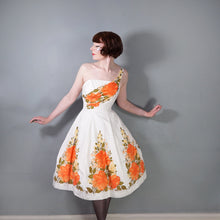 Load image into Gallery viewer, 50s 60s WHITE AND VIVID ORANGE FLORAL ONE SHOULDER FIT AND FLARE DRESS - XS-S