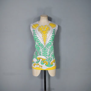 70s TRIPPY YELLOW AND GREEN FERN AND MUSHROOM PRINT TUNIC BLOUSE TOP - S-M