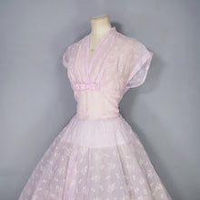 Load image into Gallery viewer, 50s SOFTEST PASTEL BALLET PINK FULL SKIRTED SHEER FLOCKED PARTY DRESS - M