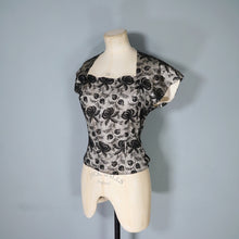 Load image into Gallery viewer, 50s WHITE SATIN WITH BLACK LACE OVERLAY EVENING BLOUSE - S-M