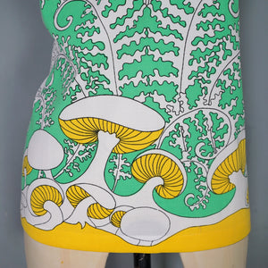 70s TRIPPY YELLOW AND GREEN FERN AND MUSHROOM PRINT TUNIC BLOUSE TOP - S-M