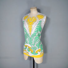 Load image into Gallery viewer, 70s TRIPPY YELLOW AND GREEN FERN AND MUSHROOM PRINT TUNIC BLOUSE TOP - S-M