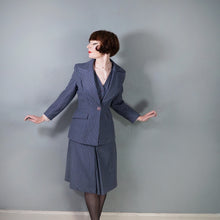 Load image into Gallery viewer, 70s DUSKY BLUE PINSTRIPE FITTED 3 PIECE SKIRT SUIT - S