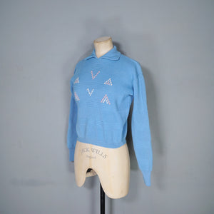 60s TRENT VALLEY LIGHT BLUE CROPPED WOOL SPORTS JUMPER - XS
