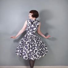 Load image into Gallery viewer, 50s CALIFORNIA COTTONS GREY AND WHITE IVY LEAF PRINT BOW NECK DRESS - S