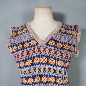 60s does 40s HANDKNITTED COLOURFUL FAIRISLE PATTERN TANK TOP - S