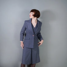 Load image into Gallery viewer, 70s DUSKY BLUE PINSTRIPE FITTED 3 PIECE SKIRT SUIT - S