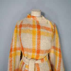 70s FIREY ORANGE AND YELLOW CHECK SOFT FUZZY MOHAIR CAPE WITH BELT - S-M