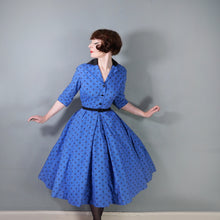 Load image into Gallery viewer, 50s HORROCKSES FASHIONS BRIGHT BLUE FLORAL SHIRTWAIST COTTON DRESS - S