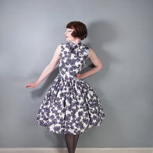 Load image into Gallery viewer, 50s CALIFORNIA COTTONS GREY AND WHITE IVY LEAF PRINT BOW NECK DRESS - S