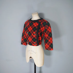 60s FRENCH CROPPED RED TARTAN PLAID WOOL JACKET - M