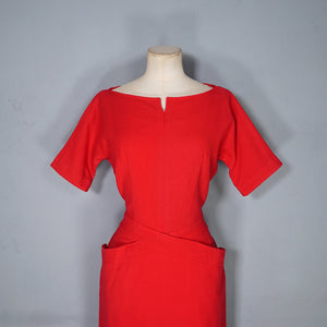 50s / 60s SUE BRETT RED SOFT WOOL FITTED WIGGLE DRESS - M