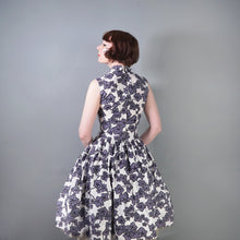 Load image into Gallery viewer, 50s CALIFORNIA COTTONS GREY AND WHITE IVY LEAF PRINT BOW NECK DRESS - S