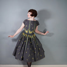Load image into Gallery viewer, 50s VICTOR JOSSELYN GREY AND YELLOW FLORAL FULL SKIRTED COTTON DRESS - S