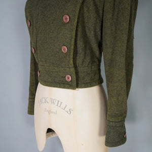 70s MISS LAGOTTE OLIVE GREEN DOUBLE BREASTED CROPPED MILITARY STYLE JACKET - S-M