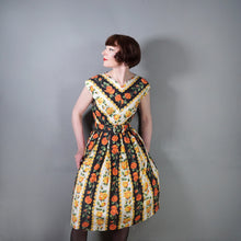 Load image into Gallery viewer, 50s 60s "VOGUE" ORANGE AND YELLOW ROSE COTTON DAY DRESS WITH BELT - S