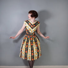 Load image into Gallery viewer, 50s 60s "VOGUE" ORANGE AND YELLOW ROSE COTTON DAY DRESS WITH BELT - S