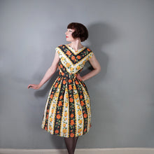 Load image into Gallery viewer, 50s 60s "VOGUE" ORANGE AND YELLOW ROSE COTTON DAY DRESS WITH BELT - S