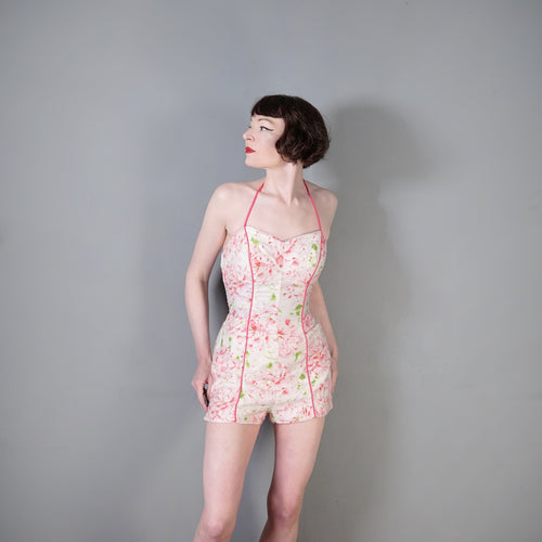 50s 60s NANI OF HAWAII PINK FLORAL HAWAIIAN SHIRRED COTTON ROMPER / PLAYSUIT - S-M